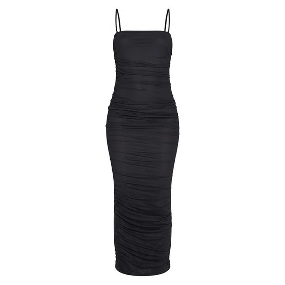 PrettyLittleThing Black Strappy Mesh Ruched Midi Dress Size 6 Square Neck Sexy - Picture 3 of 6